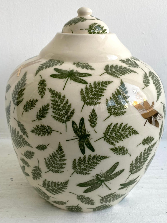 Porcelain Pottery Jar with Green Ferns/Dragonflies and 3Gold Dragonflies