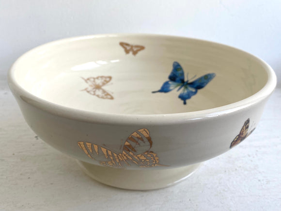 Porcelain Pottery Shallow Footed Bowl with Multicolour and Gold Butterflies