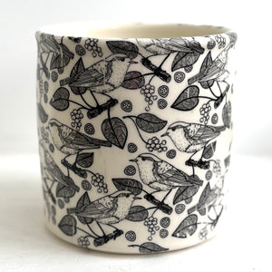 Porcelain Pottery Utensil Tub with Black Birds and Grapes