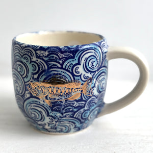 Porcelain Pottery Mug Blue Waves with Gold Fish