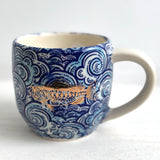 Porcelain Pottery Mug Blue Waves with Gold Fish