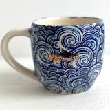 Porcelain Pottery Mug Blue Waves with Gold Fish