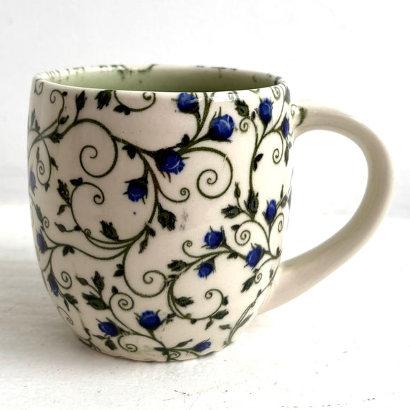 Porcelain Pottery Mug with Blue Roses in Arabesque Vine