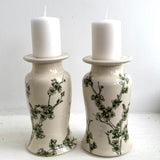 Porcelain Pottery Candleholder Set with Green Cherry Blossoms