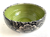 Porcelain Pottery Bowl with White Lotus Flower on Black/Green Liner