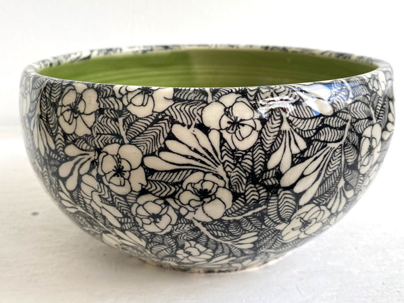 Porcelain Pottery Bowl with Stained Glass Roses/Green Liner