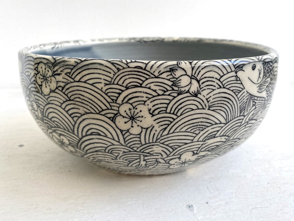 Porcelain Pottery Bowl (2) with Koi Black Pattern/Blue Liner Glaze