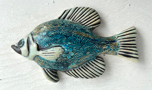 Wall Fish: Freshwater Crappie with Asian Wave Pattern Left Facing
