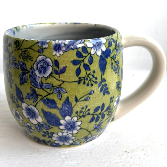 Porcelain Pottery Mug Blue Flowers on Green Background/Blue Liner