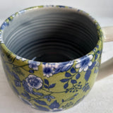 Porcelain Pottery Mug Blue Flowers on Green Background/Blue Liner