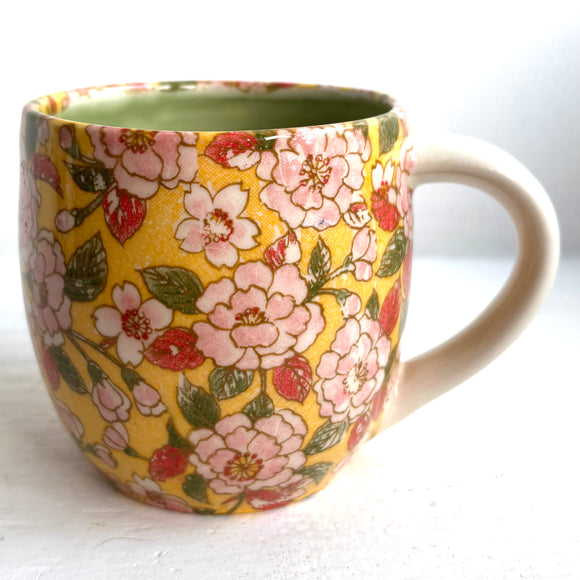 Porcelain Pottery Mug with Pink Flowers Green Interior