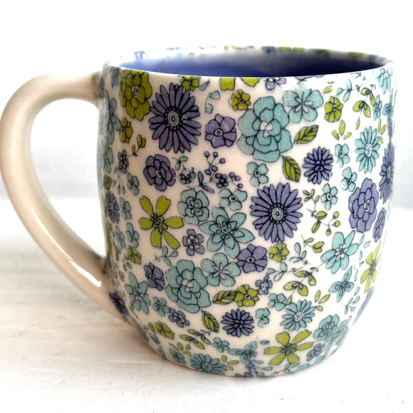 Porcelain Pottery Mug with Spring Flowers Lilac Interior