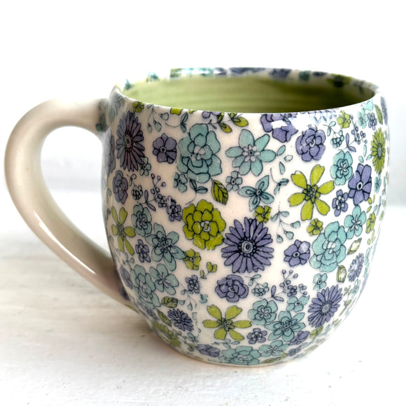 Porcelain Pottery Mug with Spring Flowers Green Interior