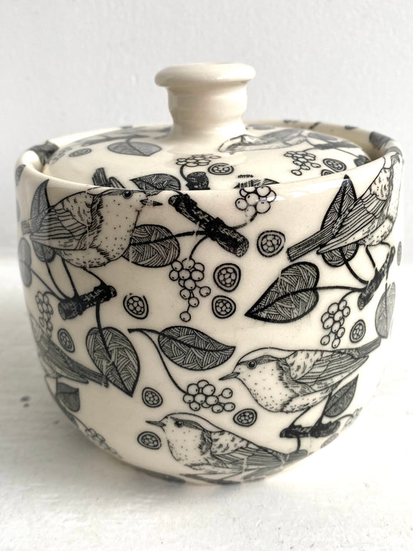 Porcelain Pottery SUGAR BOWL with Black Birds and Grapes