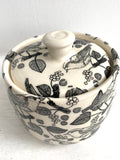 Porcelain Pottery SUGAR BOWL with Black Birds and Grapes