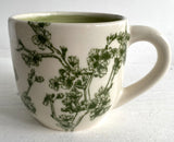 Porcelain Pottery Mug with Green Cherry Blossom Branches Transfer/Green Liner