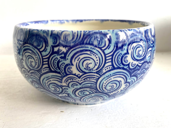 Porcelain Pottery Bowl with Blue Waves