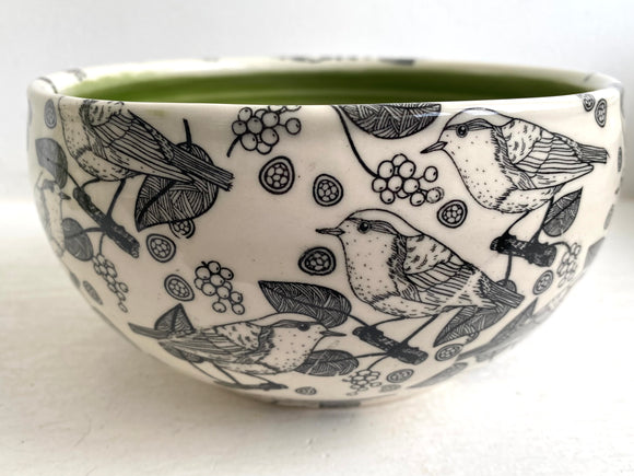 Porcelain Pottery Bowl with Black Birds and Grapes Green Liner