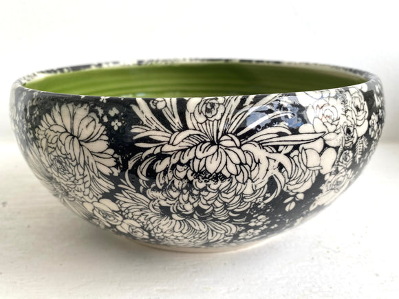 Porcelain Pottery Bowl with Dahlias/Green Liner