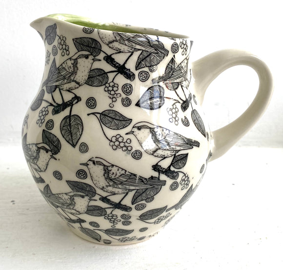 Porcelain Pottery Pitcher with Black Birds and Grapes