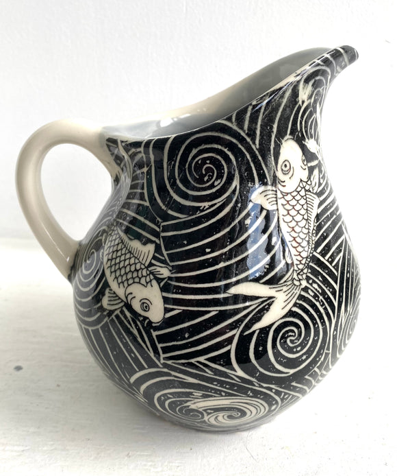 Porcelain Pottery Pitcher with Koi in Swirling Black Water