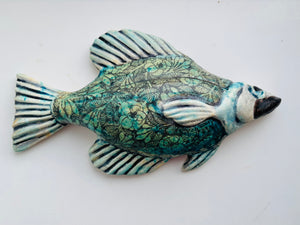 Wall Fish: Freshwater Crappie with Floral Pattern Right Facing in Olive Golds