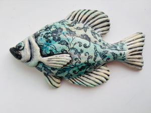 Wall Fish: Freshwater Crappie with Arabesque Floral Pattern Left Facing in Blue