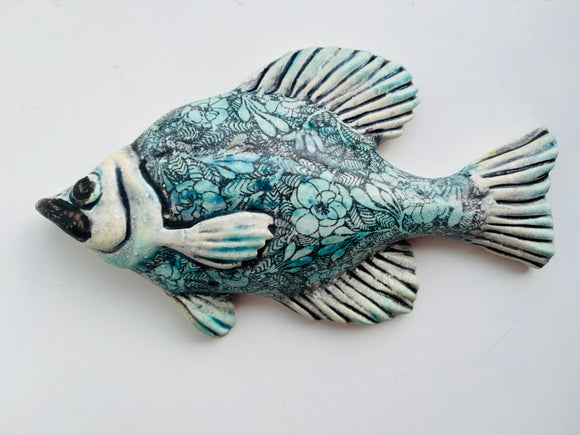 Wall Fish: Freshwater Crappie with Floral Pattern Left Facing in Blue