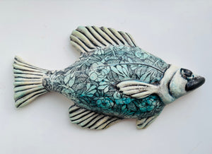 Wall Fish: Freshwater Crappie with Floral Pattern Right Facing in Blue