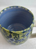Porcelain Pottery Mug Blue Flowers on Green Background/NEW Blue Liner