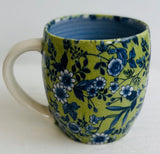 Porcelain Pottery Mug Blue Flowers on Green Background/NEW Blue Liner