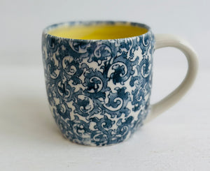 Porcelain Pottery Mug with Blue Arabesque/Yellow Liner
