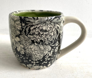 Porcelain Pottery Mug Large with Dahlias/Green Liner/NEW SHAPE