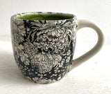 Porcelain Pottery Mug Large with Dahlias/Green Liner/NEW SHAPE