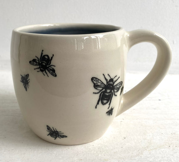 Bee Ware Porcelain Pottery Mug with Blue Liner Glaze