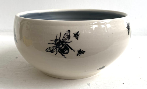 Bee Ware Porcelain Pottery Bowl with Blue Liner Glaze