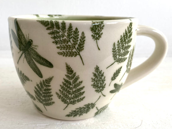 Porcelain Pottery Latte Mug Dragonflies and Ferns/NEW SHAPE