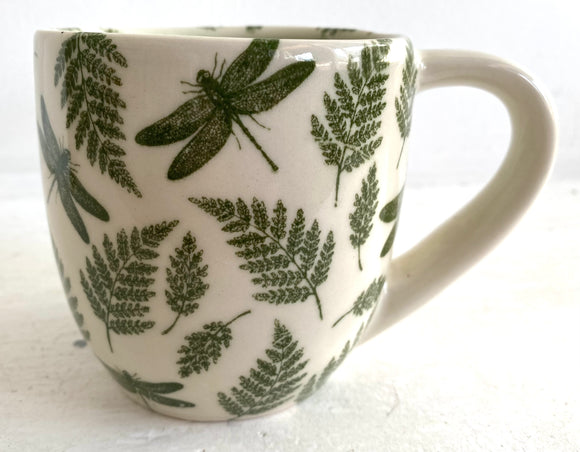 Porcelain Pottery Mug with Green Ferns and Dragonflies