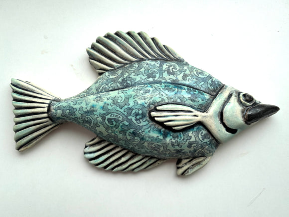 Wall Fish: Freshwater Crappie with Vintage Arabesque Pattern Right Facing in Blue