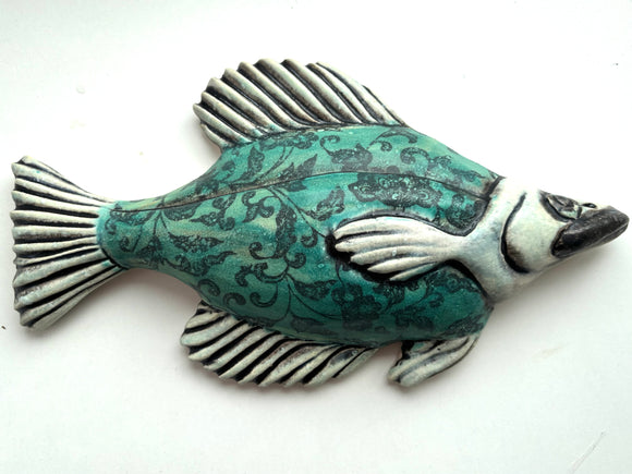 Wall Fish: Freshwater Crappie with Arabesque Floral Pattern right Facing in Teal