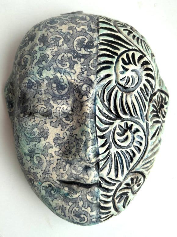 Wall Work: Meditation Mask with Energetic Arabesque Carving (right) and Vintage Arabesque Print