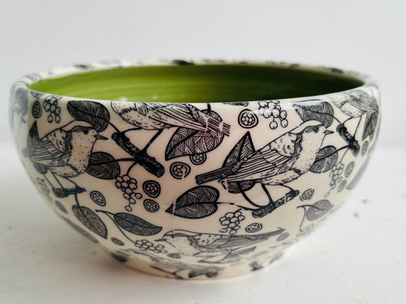Porcelain Pottery Bowl with Black Birds and Grapes Green Liner
