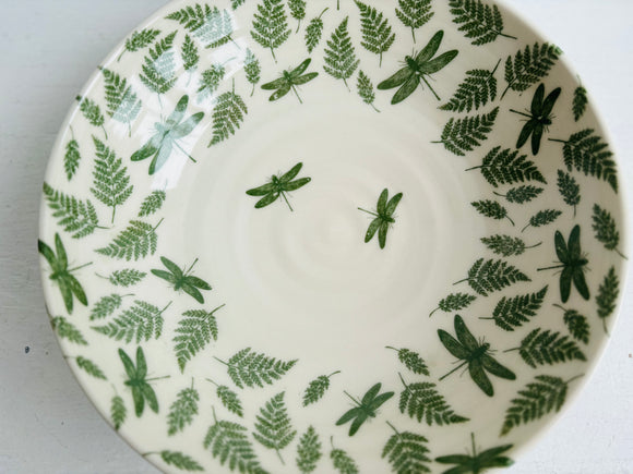 Porcelain Pottery Bowl with Green Dragonflies and Ferns