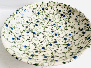 Porcelain Pottery Bowl with Blue Roses on Green Arabesque Vine Shallow