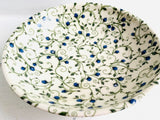 Porcelain Pottery Bowl with Blue Roses on Green Arabesque Vine Shallow