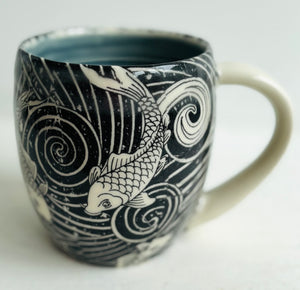 Porcelain Pottery Mug with Koi in Swirling Water Blue Liner