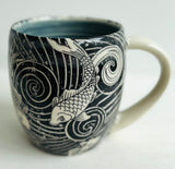 Porcelain Pottery Mug with Koi in Swirling Water Blue Liner