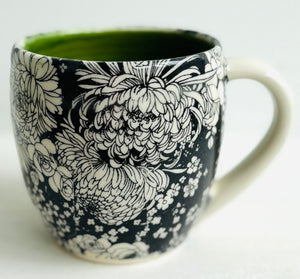 Porcelain Pottery Mug Large with Dahlias/Green Liner