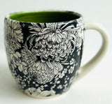 Porcelain Pottery Mug Large with Dahlias/Green Liner