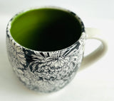 Porcelain Pottery Mug Large with Dahlias/Green Liner